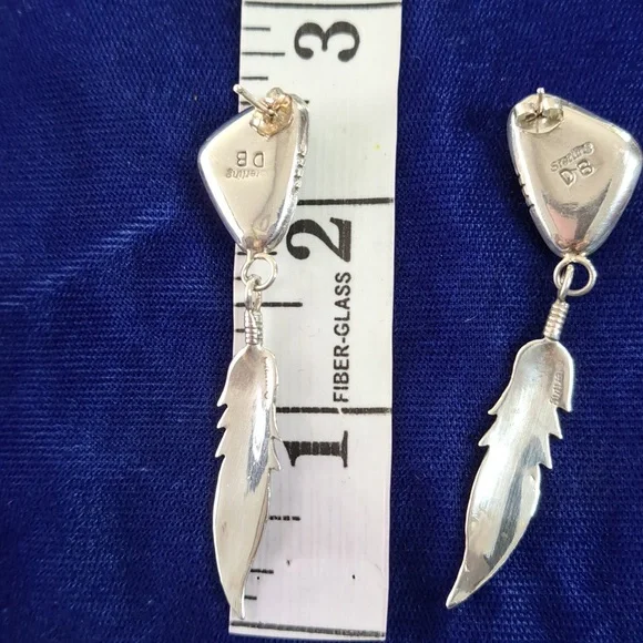 Vintage Native American Turquoise Sterling Silver Feather Earrings Signed - Picture 9 of 15
